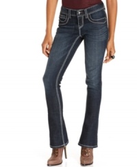 These slim bootcut jeans from Seven7's petite collection is hot, hot, hot! Studded back pockets and contrast topstitching give it extra oompth! These slim bootcut jeans from Seven7's petite collection is hot, hot, hot! Studded back pockets and contrast topstitching give it extra oompth!
