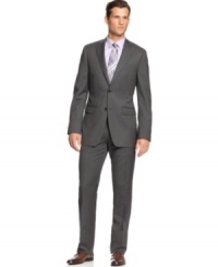 Not sure if the suit makes the man? Try on this slim-fit grey striped style from DKNY and see if you don't feel like a winner. Not sure if the suit makes the man? Try on this slim-fit grey striped style from DKNY and see if you don't feel like a winner.