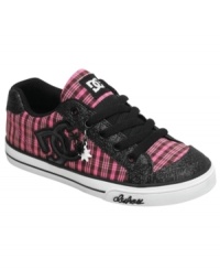 Pretty plaid on these Chelsea sneakers from DC Shoes add an adorable twist to her street style. Pretty plaid on these Chelsea sneakers from DC Shoes add an adorable twist to her street style.