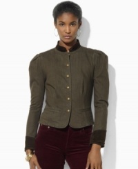 Lauren Jeans Co.'s quintessential denim jacket gets a military-inspired update in a olive-hued wash with corduroy trim. Lauren Jeans Co.'s quintessential denim jacket gets a military-inspired update in a olive-hued wash with corduroy trim.