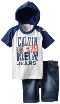 Calvin Klein Boys 2-7 2 Piece Short Sleeve Hooded Tee With Denim Short, Gray, 4T Calvin Klein Boys 2-7 2 Piece Short Sleeve Hooded Tee With Denim Short, Gray, 4T