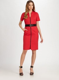 Two bold colors unite to create a sophisticated design with fashion-forward allure.Stand collarShort sleevesFront zipperBelted designWaist dartsWelt pocketsAbout 24 from natural waist96% cotton/4% elastaneDry cleanImported of Italian fabric Model shown is 5'10 (177cm) wearing US size 4. Two bold colors unite to create a sophisticated design with fashion-forward allure.Stand collarShort sleevesFront zipperBelted designWaist dartsWelt pocketsAbout 24 from natural waist96% cotton/4% elastaneDry cleanImported of Italian fabric Model shown is 5'10 (177cm) wearing US size 4.