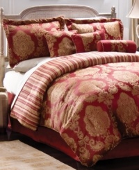 Making a splendid statement, this jacquard woven Palazzo comforter set lends a traditional red and gold medallion pattern with decorative twisted cord embellishments to your space. Comforter reverses to a regal stripe pattern. Making a splendid statement, this jacquard woven Palazzo comforter set lends a traditional red and gold medallion pattern with decorative twisted cord embellishments to your space. Comforter reverses to a regal stripe pattern.
