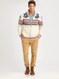 Be winter-ready with this snowflake-patterned zip cardigan, hand-knitted in superior wool for maximum warmth and comfort.Zip frontStand collarSide slash pocketsWoolDry cleanImported Be winter-ready with this snowflake-patterned zip cardigan, hand-knitted in superior wool for maximum warmth and comfort.Zip frontStand collarSide slash pocketsWoolDry cleanImported