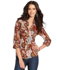 Channel the retro '70s with this floral & paisley printed Lucky Brand Jeans blouse -- perfect over dark-wash denim! Channel the retro '70s with this floral & paisley printed Lucky Brand Jeans blouse -- perfect over dark-wash denim!