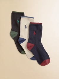 Three-pack of ribbed dress socks with contrast color tipping at cuff, pony, heel and toe. Each 3-pack includes black with green, white with blue, navy with red.Dress-style to wear with slacks70% cotton/26% polyester/4% spandexMachine washImportedAdditional InformationKid's Shoe Size Guide (European Equivalent) Three-pack of ribbed dress socks with contrast color tipping at cuff, pony, heel and toe. Each 3-pack includes black with green, white with blue, navy with red.Dress-style to wear with slacks70% cotton/26% polyester/4% spandexMachine washImportedAdditional InformationKid's Shoe Size Guide (European Equivalent)