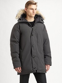 Whether it's in the South Pole where extreme weather protection is a necessity or on the streets of New York, Milan or Tokyo, people wear the Canada Goose brand because of its reputation for quality, functionality and style; This parka encompasses it all, and exudes a modern, urban look with its slimmer fit and exposed buttons.Zip frontAttached hoodChest