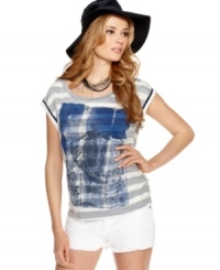 A washed-out print adds a distressed, worn appeal to this Andrew Charles top for a laid-back spring look! A washed-out print adds a distressed, worn appeal to this Andrew Charles top for a laid-back spring look!