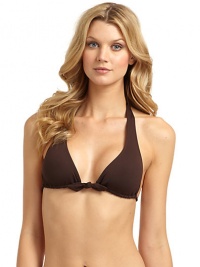 THE LOOKAdjustable triangle cupsAdjustable halter straps tie at neckKnotted centerBraided bottom strap ties at backTHE MATERIAL80% nylon/20% spandexCARE & ORIGINHand washMade in USAPlease note: Bikini bottom sold separately. THE LOOKAdjustable triangle cupsAdjustable halter straps tie at neckKnotted centerBraided bottom strap ties at backTHE MATERIAL80% nylon/20% spandexCARE & ORIGINHand washMade in USAPlease note: Bikini bottom sold separately.