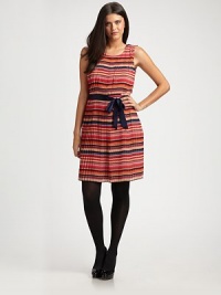A multi-colored striped design with a silk tie-belt. Scoop neck Sleeveless Concealed back zip closure Fully lined About 38 from shoulder to hem Body: polyester; belt: 93% silk/7% elastane Dry clean Imported A multi-colored striped design with a silk tie-belt. Scoop neck Sleeveless Concealed back zip closure Fully lined About 38 from shoulder to hem Body: polyester; belt: 93% silk/7% elastane Dry clean Imported