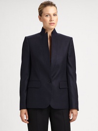 This crisp, sophisticated wool style is finished with a stand collar and unique inverted lapels.Stand collarInverted lapelsButton closureFlap pocketsButton cuffsBack ventAbout 26 from shoulder to hemWoolDry cleanMade in Italy of imported fabricModel shown is 5'11 (180cm) wearing US size 4. Additional Information Women's Premier Designer & Contemporary Size Guide This crisp, sophisticated wool style is finished with a stand collar and unique inverted lapels.Stand collarInverted lapelsButton closureFlap pocketsButton cuffsBack ventAbout 26 from shoulder to hemWoolDry cleanMade in Italy of imported fabricModel shown is 5'11 (180cm) wearing US size 4. Additional Information Women's Premier Designer & Contemporary Size Guide