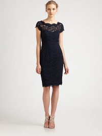 Brightly-hued lace in a form-fitting silhouette, finished with an alluring cutout back.Jewel necklineCap sleevesTape trim detailsScalloped edgesBack diamond cutout with hook-and-eye closuresConcealed back zipFully linedAbout 24 from natural waist60% cotton/23% rayon/17% nylonDry cleanImported of domestic fabricModel shown is 5'10½ (179cm) wearing US size 4. Brightly-hued lace in a form-fitting silhouette, finished with an alluring cutout back.Jewel necklineCap sleevesTape trim detailsScalloped edgesBack diamond cutout with hook-and-eye closuresConcealed back zipFully linedAbout 24 from natural waist60% cotton/23% rayon/17% nylonDry cleanImported of domestic fabricModel shown is 5'10½ (179cm) wearing US size 4.