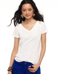 Strike a girly note in this lightweight tee by Lucky Brand Jeans, featuring lace panels at the shoulders and a flattering V-neckline. Strike a girly note in this lightweight tee by Lucky Brand Jeans, featuring lace panels at the shoulders and a flattering V-neckline.