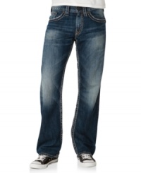 Thigh distressing gives these relaxed-fit jeans from Silver Jeans just the right worn-in look. Thigh distressing gives these relaxed-fit jeans from Silver Jeans just the right worn-in look.