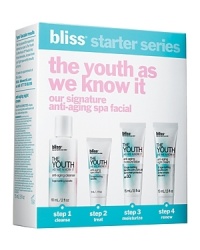 An at-home introduction of Bliss Spa's signature anti-aging The Youth As We Know It facial, this kit includes introductory sizes of top turn-back-time formulas.Cleanse: dissolve makeup and impurities with the anti-aging cleanser. Treat: pat the anti-aging eye cream around the eye area. Moisturize: safeguard skin in the morning with the SPF 30 anti-aging moisture lotion. Renew: at night, massage the anti-aging night cream over face and neck.This set contains: - 0.1 oz. Anti-Aging Eye Cream- 0.5 oz. Anti-Aging Night Cream - 0.5 oz. Anti-Aging Moisture Lotion - 2 oz. Anti-Aging Cleanser An at-home introduction of Bliss Spa's signature anti-aging The Youth As We Know It facial, this kit includes introductory sizes of top turn-back-time formulas.Cleanse: dissolve makeup and impurities with the anti-aging cleanser. Treat: pat the anti-aging eye cream around the eye area. Moisturize: safeguard skin in the morning with the SPF 30 anti-aging moisture lotion. Renew: at night, massage the anti-aging night cream over face and neck.This set contains: - 0.1 oz. Anti-Aging Eye Cream- 0.5 oz. Anti-Aging Night Cream - 0.5 oz. Anti-Aging Moisture Lotion - 2 oz. Anti-Aging Cleanser