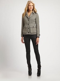 A cropped version of a distinctive British style, this wool-blend jacket features buttery leather epaulettes and elbow patches.Notched collarLeather epaulettesLeather elbow patchesButton closurePatch pocketsBack ventAbout 23 from shoulder to hemWool/polyester/viscoseDry clean by leather specialistImportedSIZE & FIT Model shown is 5'10½ (179cm) wearing a US size 4.This style runs large. We recommend ordering one size down for a standard fit. A cropped version of a distinctive British style, this wool-blend jacket features buttery leather epaulettes and elbow patches.Notched collarLeather epaulettesLeather elbow patchesButton closurePatch pocketsBack ventAbout 23 from shoulder to hemWool/polyester/viscoseDry clean by leather specialistImportedSIZE & FIT Model shown is 5'10½ (179cm) wearing a US size 4.This style runs large. We recommend ordering one size down for a standard fit.