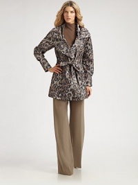 An exotic cheetah print is offset by classic sportswear tailoring in this chic, all-weather design.Gathered collarNotched lapelsConcealed closuresGathered elastic waistFront tieSide slash pocketsBack ventAbout 33 from shoulder to hemPolyesterDry cleanImported of Italian fabricModel shown is 5'10 (177cm) wearing US size Small. An exotic cheetah print is offset by classic sportswear tailoring in this chic, all-weather design.Gathered collarNotched lapelsConcealed closuresGathered elastic waistFront tieSide slash pocketsBack ventAbout 33 from shoulder to hemPolyesterDry cleanImported of Italian fabricModel shown is 5'10 (177cm) wearing US size Small.