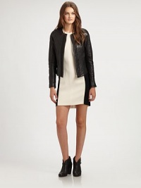 A seasonal favorite in supple Italian leather, updated with braided details and a modified shirttail hem. CrewneckFront zipCenter braided trimLong sleeves with zippered cuffsPanel constructionModified shirttail hemFully linedAbout 21 from shoulder to hemLamb leatherDry cleanImported of Italian fabricSIZE & FIT Model shown is 5'10 (178cm) wearing a US size 4. A seasonal favorite in supple Italian leather, updated with braided details and a modified shirttail hem. CrewneckFront zipCenter braided trimLong sleeves with zippered cuffsPanel constructionModified shirttail hemFully linedAbout 21 from shoulder to hemLamb leatherDry cleanImported of Italian fabricSIZE & FIT Model shown is 5'10 (178cm) wearing a US size 4.