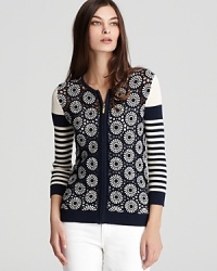 Tory Burch takes the classic cardigan on a joy ride with statement stripes and intricate crochet for a look that is casually chic. Tory Burch takes the classic cardigan on a joy ride with statement stripes and intricate crochet for a look that is casually chic.