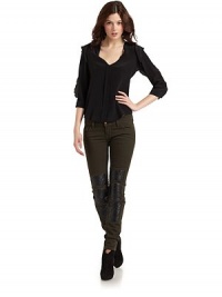 THE LOOKV-neckline with ruffle detailsPullover styleThree-quarter length button cuff sleeves with ruffle details THE FITAbout 22 from shoulder to hemTHE MATERIALSilkCARE & ORIGINDry clean ImportedModel shown is 5'9½ (176cm) wearing US size 4. THE LOOKV-neckline with ruffle detailsPullover styleThree-quarter length button cuff sleeves with ruffle details THE FITAbout 22 from shoulder to hemTHE MATERIALSilkCARE & ORIGINDry clean ImportedModel shown is 5'9½ (176cm) wearing US size 4.