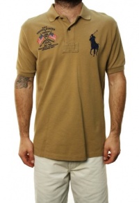 Polo Ralph Lauren Men's Shirt Embroidered US Flag Big Blue Pony Light Brown Polo Ralph Lauren Men's Shirt Embroidered US Flag Big Blue Pony Light Brown
