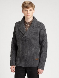A shawl-collar sweater is impeccably knitted from superior wool, with cable knit detail at the sleeves for a classic finish to pullover sweater with modern-inspired style.Shawl collarRibbed knit cuffs and hemWoolDry cleanImported A shawl-collar sweater is impeccably knitted from superior wool, with cable knit detail at the sleeves for a classic finish to pullover sweater with modern-inspired style.Shawl collarRibbed knit cuffs and hemWoolDry cleanImported