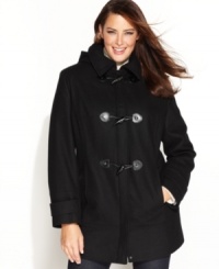Toggle closures bring charm to this plus size wool-blend coat! Calvin Klein updates the classic duffle coat with faux-leather accents and a removable hood. Toggle closures bring charm to this plus size wool-blend coat! Calvin Klein updates the classic duffle coat with faux-leather accents and a removable hood.