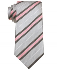 Keep it sleek and slim. Diagonal stripes and a skinny design make this tie from Bar III the perfect pick for the modern man. Keep it sleek and slim. Diagonal stripes and a skinny design make this tie from Bar III the perfect pick for the modern man.