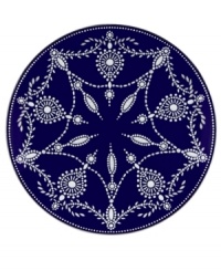 A show-stopping accent plate from Marchesa by Lenox, this Empire Indigo dinnerware wows everyone around the formal table with a bedazzling platinum pattern in indigo bone china. A show-stopping accent plate from Marchesa by Lenox, this Empire Indigo dinnerware wows everyone around the formal table with a bedazzling platinum pattern in indigo bone china.
