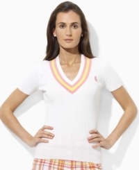 Preppy cricket stripes and an embroidered crest lend chic, athletic appeal to the short-sleeved Lauren by Ralph Lauren sweater, rendered in smooth ribbed-knit combed cotton for essential comfort and style. Preppy cricket stripes and an embroidered crest lend chic, athletic appeal to the short-sleeved Lauren by Ralph Lauren sweater, rendered in smooth ribbed-knit combed cotton for essential comfort and style.
