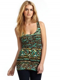 THE LOOKMulti-colored, exotic-inspired pattern throughoutSleevelessRacerback designTHE FITAbout 29 from shoulder to hemTHE MATERIAL92% modal/8% spandexCARE & ORIGINMachine washImportedModel shown is 5'10 (177cm) wearing US size Small. THE LOOKMulti-colored, exotic-inspired pattern throughoutSleevelessRacerback designTHE FITAbout 29 from shoulder to hemTHE MATERIAL92% modal/8% spandexCARE & ORIGINMachine washImportedModel shown is 5'10 (177cm) wearing US size Small.