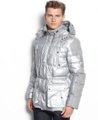Keep warm in this stylish and edgy tonal puffer coat by Calvin Klein. Keep warm in this stylish and edgy tonal puffer coat by Calvin Klein.