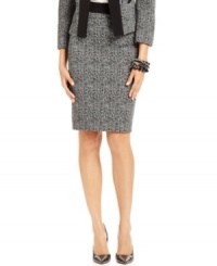 Printed ponte-knit fabric updates Tahari by ASL's classic pencil skirt. Pair it with the coordinating jacket or try it with a silky blouse for another winning work look. Printed ponte-knit fabric updates Tahari by ASL's classic pencil skirt. Pair it with the coordinating jacket or try it with a silky blouse for another winning work look.