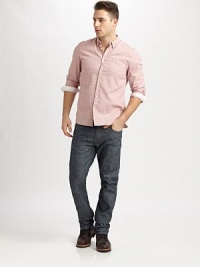 Chambray with a waterless tumble for a softened hand feel, set in a slim-straight silhouette.Five-pocket styleZip flyInseam, about 35CottonMachine washImported Chambray with a waterless tumble for a softened hand feel, set in a slim-straight silhouette.Five-pocket styleZip flyInseam, about 35CottonMachine washImported