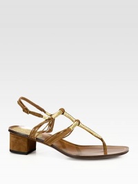 A low-heel silhouette of metallic leather wrapped over suede. Suede-covered heel, 1½ (40mm)Metallic leather and suede upperAdjustable ankle strapLeather lining and solePadded insoleMade in Italy A low-heel silhouette of metallic leather wrapped over suede. Suede-covered heel, 1½ (40mm)Metallic leather and suede upperAdjustable ankle strapLeather lining and solePadded insoleMade in Italy