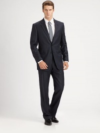 A perfectly tailored design in lightweight, neatly-striped wool. Dry Clean. Made in Italy.JACKETTwo-button frontNotched lapelChest, waist welt pocketsFour button detail at cuffSide ventsAbout 31 from shoulder to hemPANTFlat front styleSide slash, back welt pocketsInseam, about 32 A perfectly tailored design in lightweight, neatly-striped wool. Dry Clean. Made in Italy.JACKETTwo-button frontNotched lapelChest, waist welt pocketsFour button detail at cuffSide ventsAbout 31 from shoulder to hemPANTFlat front styleSide slash, back welt pocketsInseam, about 32