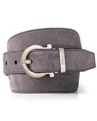 A suede belt featuring Salvatore Ferragamo's signature logo signals to everyone your taste for the finer things in life. A suede belt featuring Salvatore Ferragamo's signature logo signals to everyone your taste for the finer things in life.