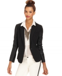 Faux-leather sleeves up the edge on this Sanctuary blazer for a hot fall look! Faux-leather sleeves up the edge on this Sanctuary blazer for a hot fall look!