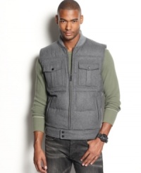 One vest with the best of everything: the clean lines of a combat jacket; the warmth of a technical layer; and the classic fabrication of a gray flannel suit. Only from Sean John. One vest with the best of everything: the clean lines of a combat jacket; the warmth of a technical layer; and the classic fabrication of a gray flannel suit. Only from Sean John.
