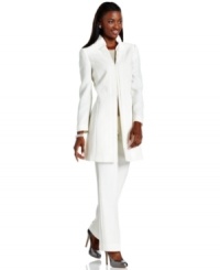 Tahari by ASL mixes minimalist chic and feminine inspiration to glamorous effect. A ruffled collar softens up a sleek, elongated jacket; straight leg trousers complete the look. Tahari by ASL mixes minimalist chic and feminine inspiration to glamorous effect. A ruffled collar softens up a sleek, elongated jacket; straight leg trousers complete the look.