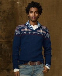 Inspired by authentic blanket patterns of the Southwest, a V-neck pullover sweater in soft wool takes your look to a heritage level with its intricate stitching. Inspired by authentic blanket patterns of the Southwest, a V-neck pullover sweater in soft wool takes your look to a heritage level with its intricate stitching.