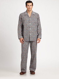 Lounge comfortable in this two-piece set, shaped in remarkably soft, breathable cotton with a charming paisley print finish. Cotton. Machine wash. Imported.SHIRTButton frontChest, hip pocketsPANTTwo-button elastic waistInseam, about 31 Lounge comfortable in this two-piece set, shaped in remarkably soft, breathable cotton with a charming paisley print finish. Cotton. Machine wash. Imported.SHIRTButton frontChest, hip pocketsPANTTwo-button elastic waistInseam, about 31