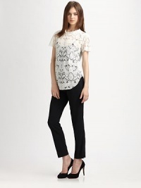 Lavish lace crewneck with cap sleeves, silk-rich lining and a contoured hem that hits below the hips. CrewneckCap sleevesContoured hem hits below the hipsBack keyhole closure95% silk/5% spandex lining85% nylon/15% cottonDry cleanImportedModel shown is 5'9 (175cm) wearing US size 2. Lavish lace crewneck with cap sleeves, silk-rich lining and a contoured hem that hits below the hips. CrewneckCap sleevesContoured hem hits below the hipsBack keyhole closure95% silk/5% spandex lining85% nylon/15% cottonDry cleanImportedModel shown is 5'9 (175cm) wearing US size 2.