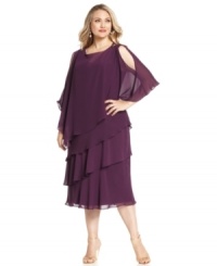 A sheer cape with beading and cutouts at the shoulders adds a sophisticated finish to SL Fashions' plus size tiered dress. A sheer cape with beading and cutouts at the shoulders adds a sophisticated finish to SL Fashions' plus size tiered dress.