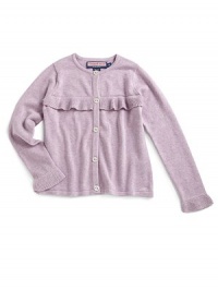 THE LOOKCrew necklineButton frontLong sleeves with ruffle cuffsRuffle trim across the chestEmbroidered whale logo at front hemTHE MATERIAL88% cotton/10% nylon/2% spandexCARE & ORIGINMachine wash or dry cleanImported THE LOOKCrew necklineButton frontLong sleeves with ruffle cuffsRuffle trim across the chestEmbroidered whale logo at front hemTHE MATERIAL88% cotton/10% nylon/2% spandexCARE & ORIGINMachine wash or dry cleanImported