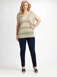 A casually chic design with pretty crystal details in a classic striped pattern. V-neckShort sleevesCrystal detailsPull-on styleAbout 29 from shoulder to hemModalHand washImported A casually chic design with pretty crystal details in a classic striped pattern. V-neckShort sleevesCrystal detailsPull-on styleAbout 29 from shoulder to hemModalHand washImported