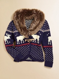 A stylish shawl-collar cardigan is rendered in a hearty Fair Isle knit moose design and accented with a plush faux-fur collar for added warmth and a cozy feel.Oversized faux-fur collarLong sleeves with ribbed cuffsSingle toggle closureCurved hemCotton/WoolDry cleanImported Please note: Number of buttons may vary depending on size ordered. A stylish shawl-collar cardigan is rendered in a hearty Fair Isle knit moose design and accented with a plush faux-fur collar for added warmth and a cozy feel.Oversized faux-fur collarLong sleeves with ribbed cuffsSingle toggle closureCurved hemCotton/WoolDry cleanImported Please note: Number of buttons may vary depending on size ordered.