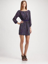An optic print style is cinched with a jewel-tone accent at the waist.Boat neckline Gathers at elastic waist Three-quarter sleeves with contrast button cuffs V back About 19 from natural waist Silk; polyester lining Dry clean Imported An optic print style is cinched with a jewel-tone accent at the waist.Boat neckline Gathers at elastic waist Three-quarter sleeves with contrast button cuffs V back About 19 from natural waist Silk; polyester lining Dry clean Imported