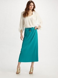Fine pleats add texture to this fluid jersey knit, crafted in a must-have maxi silhouette.Drawstring waist Pull-on style About 35 long Polyester Dry clean ImportedOUR FIT MODEL RECOMMENDS ordering true size. Fine pleats add texture to this fluid jersey knit, crafted in a must-have maxi silhouette.Drawstring waist Pull-on style About 35 long Polyester Dry clean ImportedOUR FIT MODEL RECOMMENDS ordering true size.