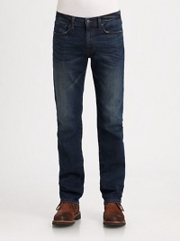 Significant whiskering and fading throughout the leg sharpens and defines the deep-blue wash of this slim-straight silhouette.Five-pocket styleZip flyInseam, about 3498% cotton/2% elastaneMachine washMade in USA Significant whiskering and fading throughout the leg sharpens and defines the deep-blue wash of this slim-straight silhouette.Five-pocket styleZip flyInseam, about 3498% cotton/2% elastaneMachine washMade in USA